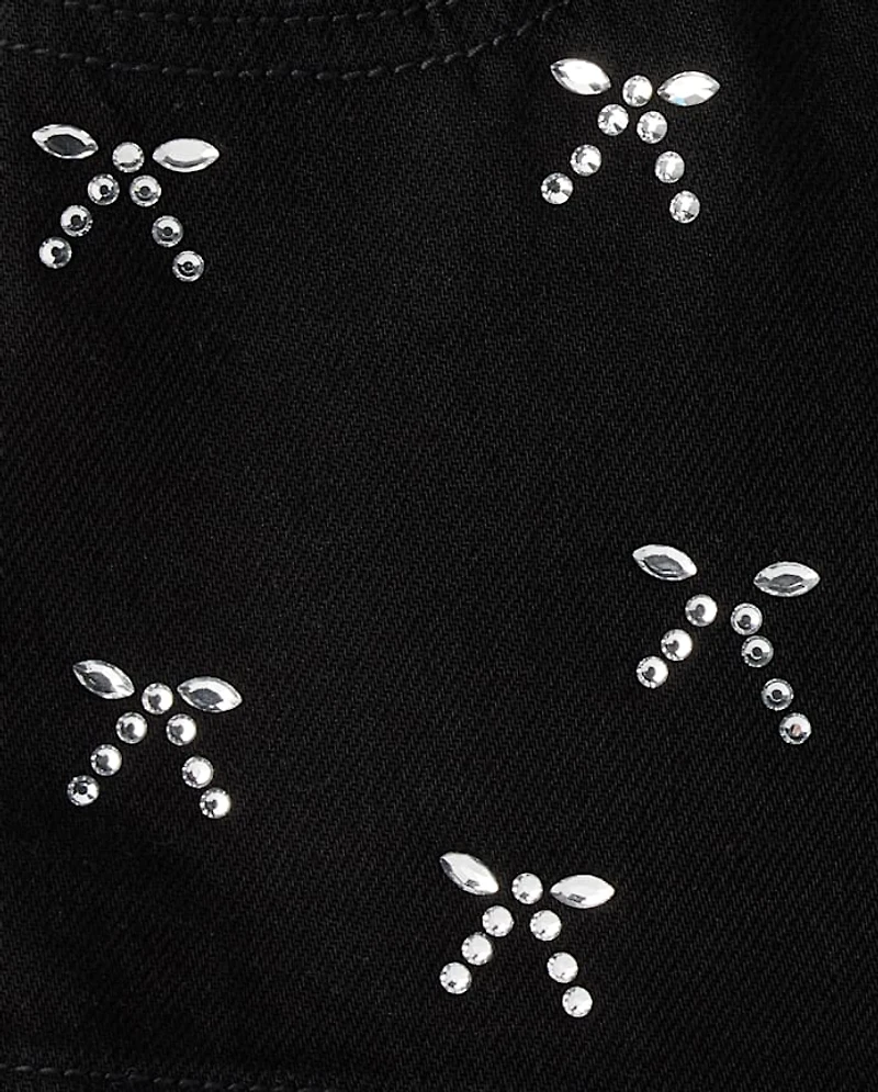 Girls Rhinestone Bow Denim Skirt