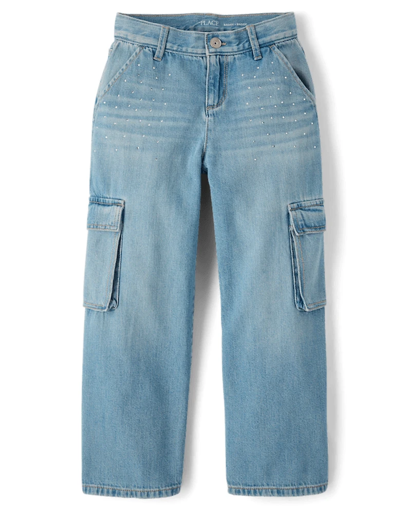 Jean cargo baggy à strass pour fille
