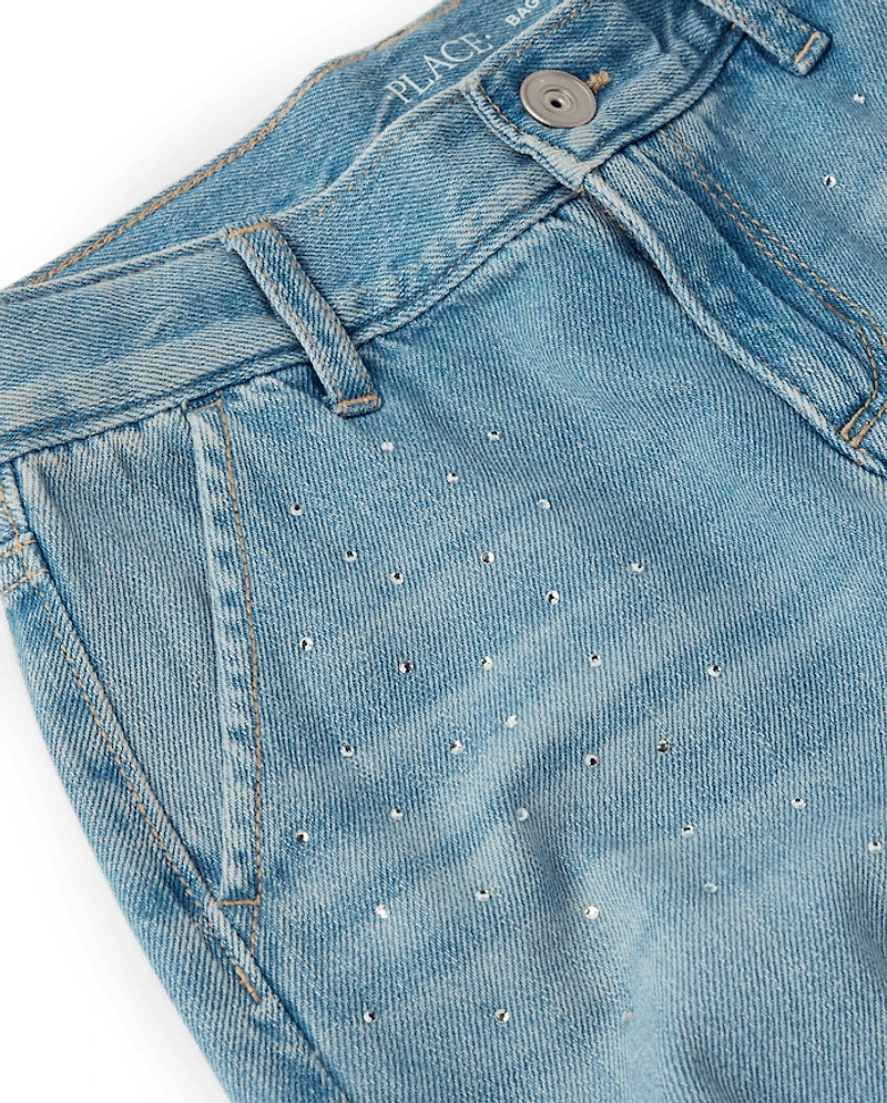 Jean cargo baggy à strass pour fille