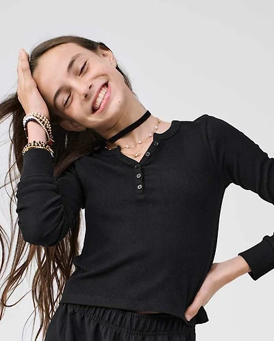 Girls Sueded Rib Henley Top