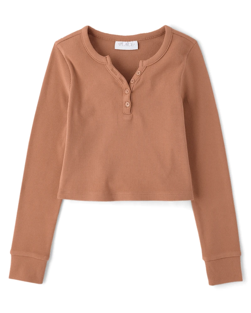 Girls Sueded Rib Henley Top