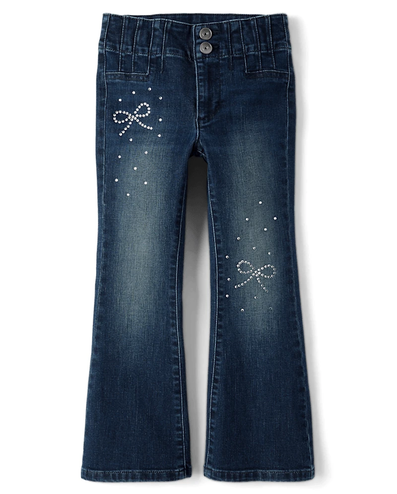 Girls Rhinestone Bow Flare Jeans