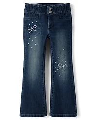 Girls Rhinestone Bow Flare Jeans