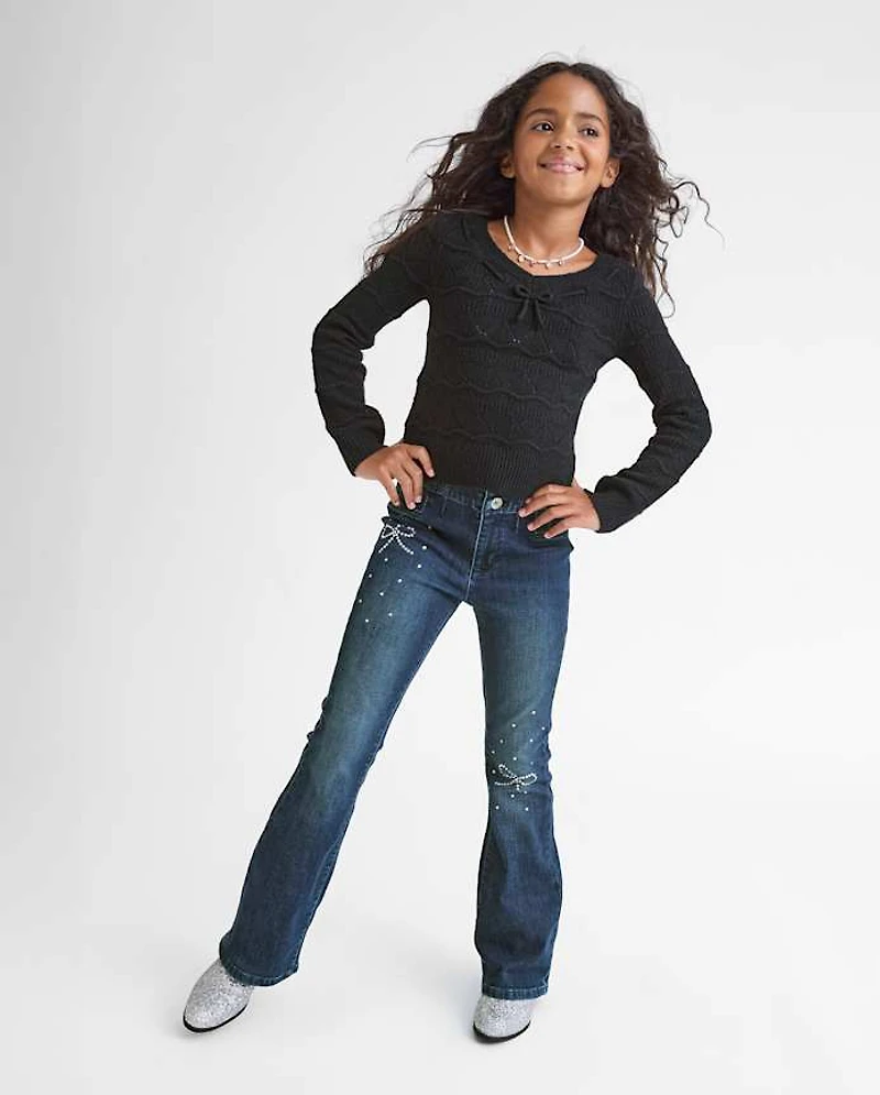 Girls Rhinestone Bow Flare Jeans