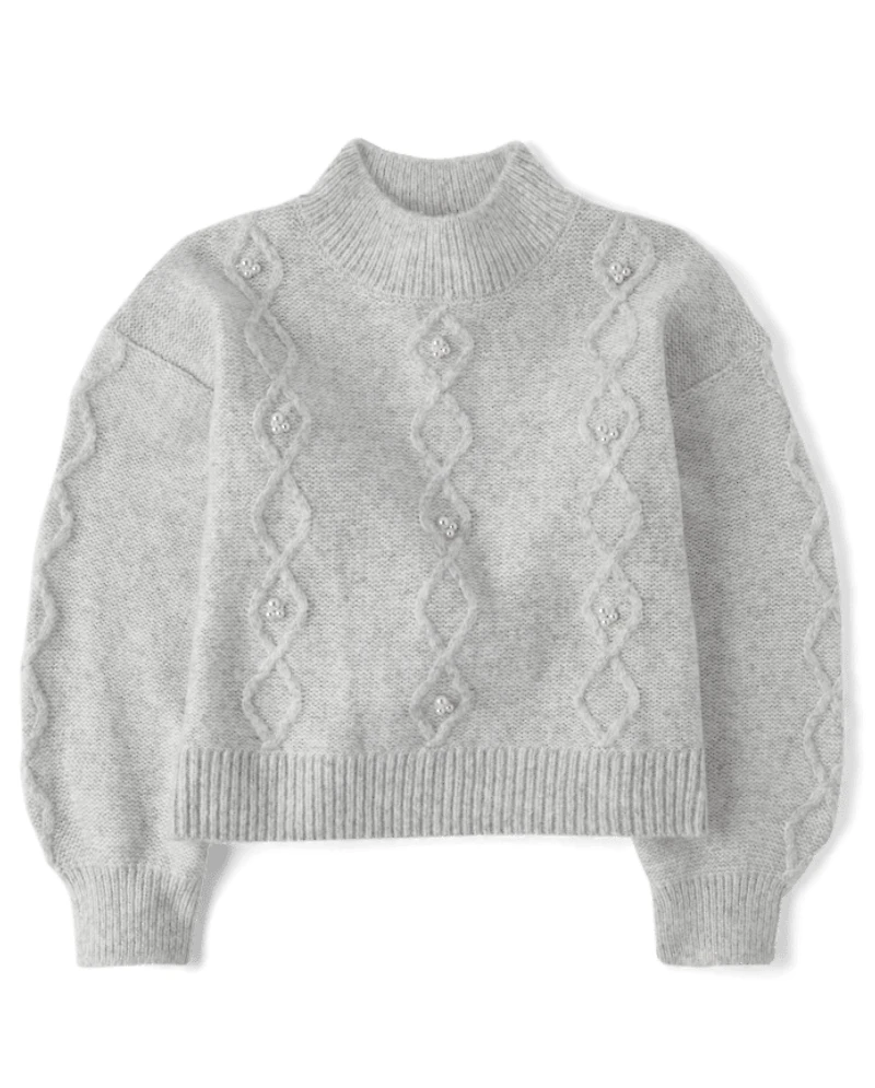 Girls Faux Pearl Cable Knit Cropped Sweater