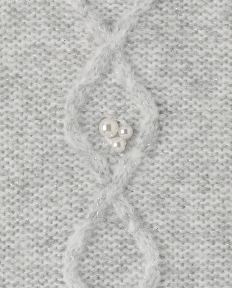 Girls Faux Pearl Cable Knit Cropped Sweater