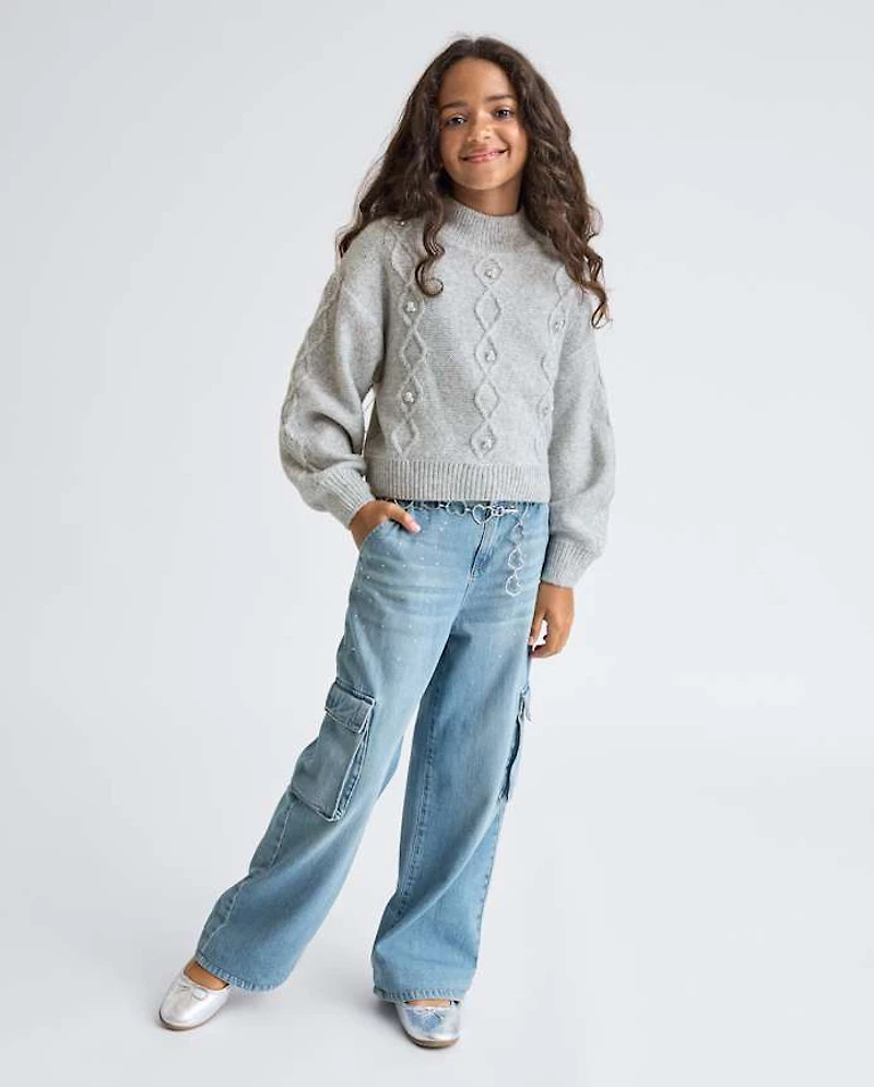 Girls Faux Pearl Cable Knit Cropped Sweater