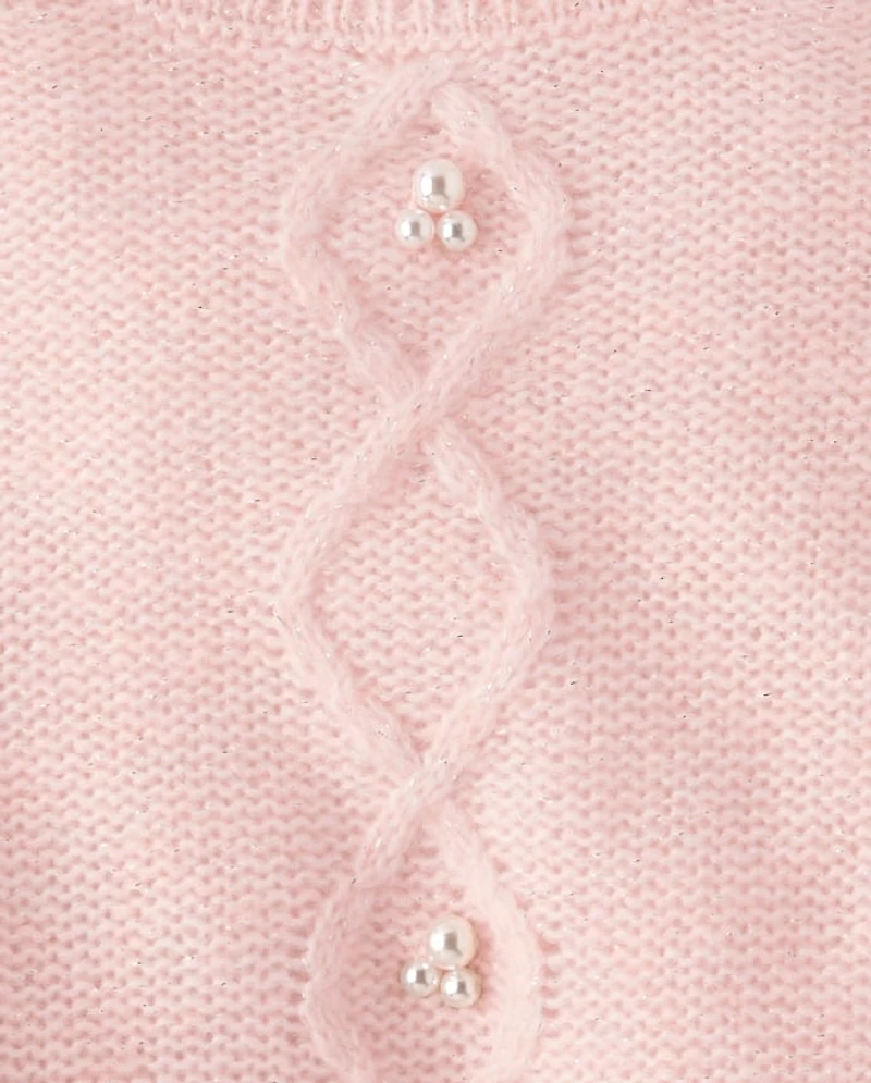 Girls Faux Pearl Cable Knit Cropped Sweater
