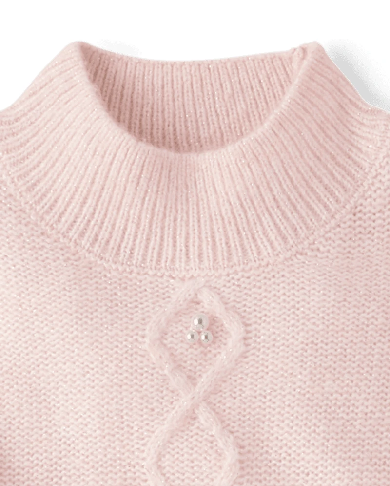 Girls Faux Pearl Cable Knit Cropped Sweater