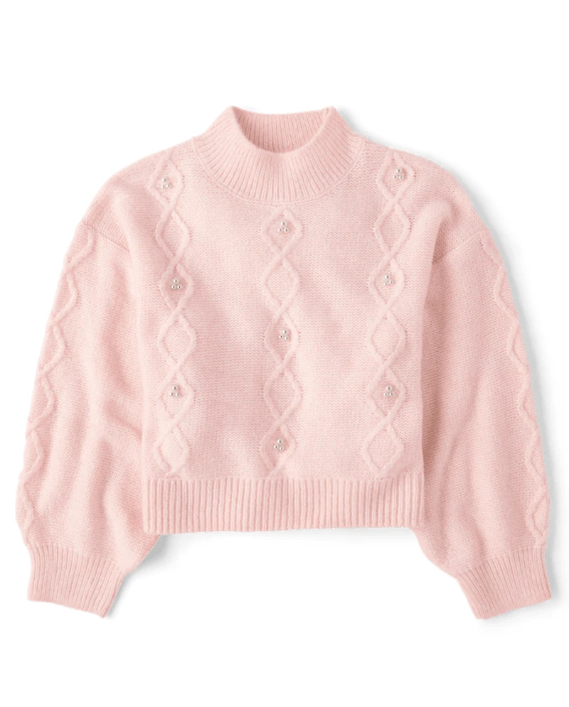 Girls Faux Pearl Cable Knit Cropped Sweater