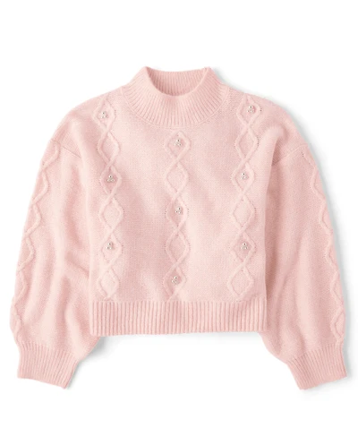 Girls Faux Pearl Cable Knit Cropped Sweater