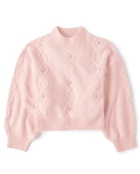 Girls Faux Pearl Cable Knit Cropped Sweater