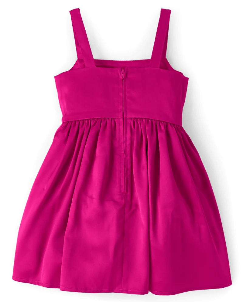Girls Oversized Bow Satin Fit And Flare Dress