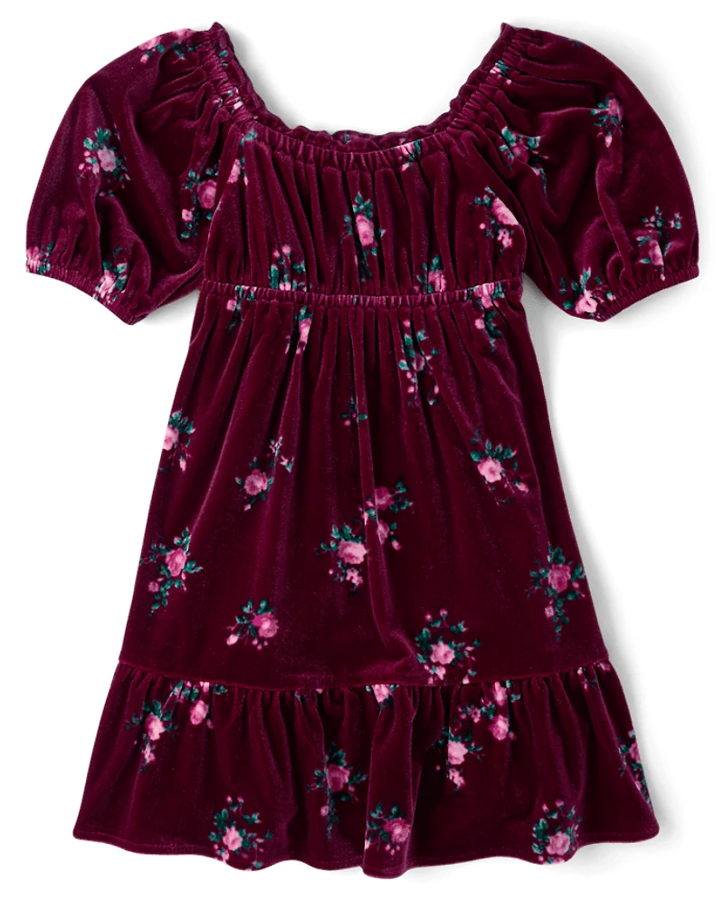 Girls Floral Velour Babydoll Dress
