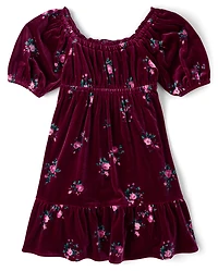 Girls Floral Velour Babydoll Dress