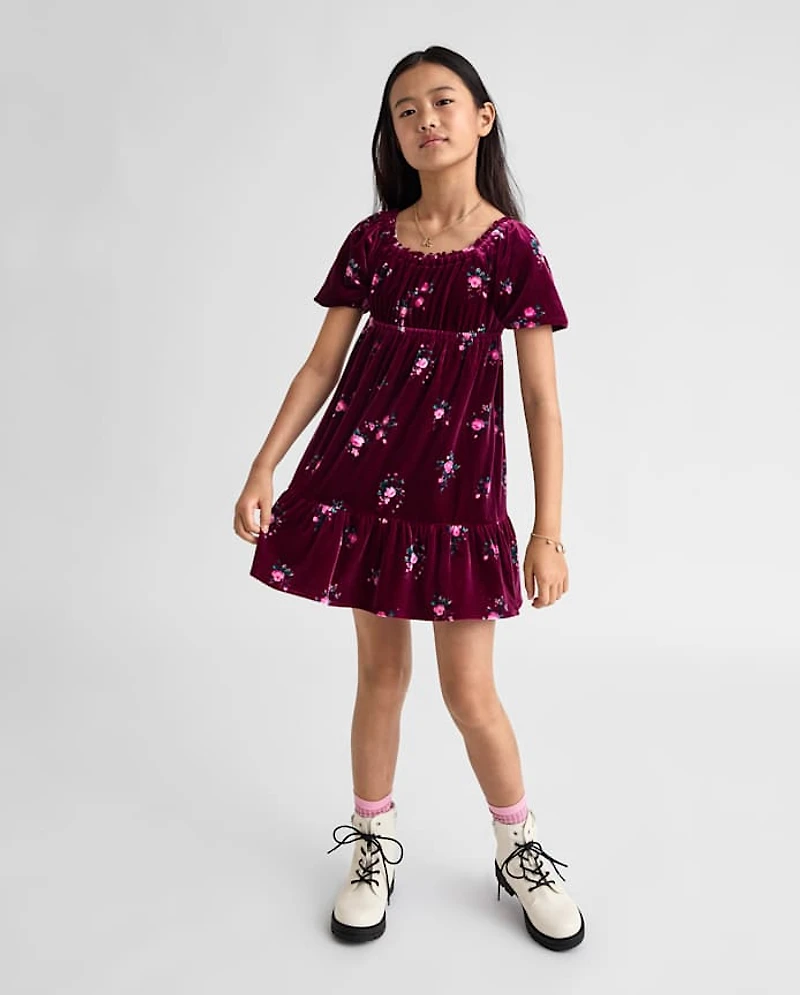 Girls Floral Velour Babydoll Dress