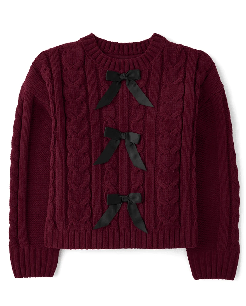 Girls Bow Cable Knit Chenille Sweater