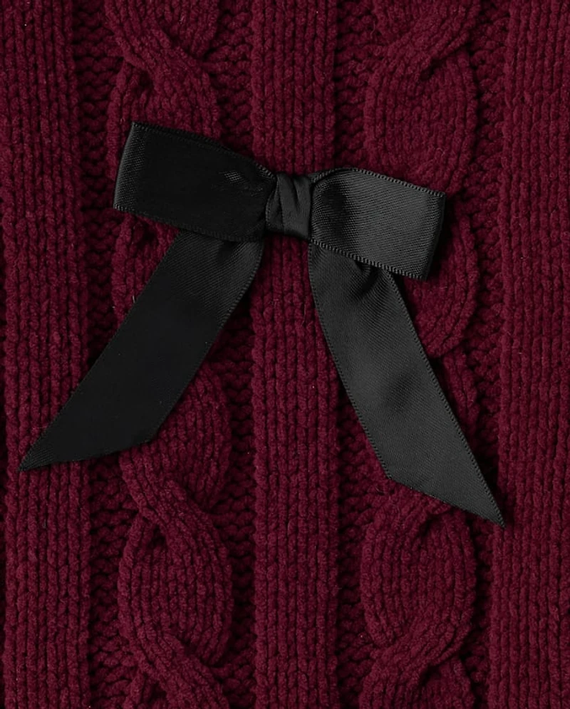 Girls Bow Cable Knit Chenille Sweater
