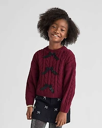 Girls Bow Cable Knit Chenille Sweater