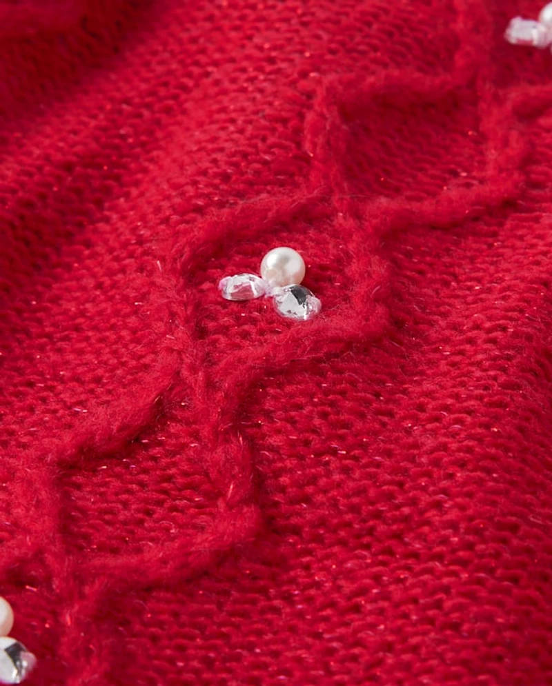 Girls Faux Pearl Cable Knit Sweater Dress