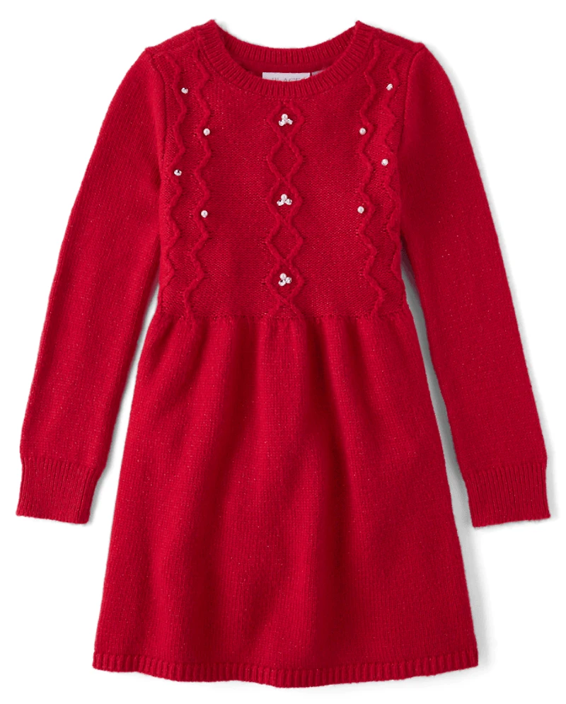 Girls Faux Pearl Cable Knit Sweater Dress
