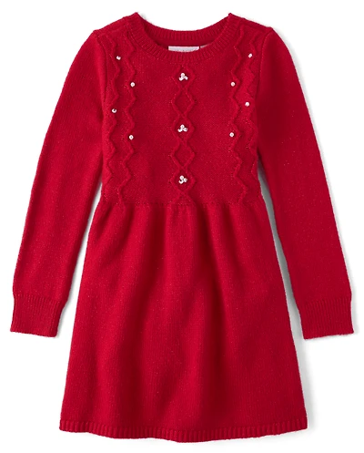 Girls Faux Pearl Cable Knit Sweater Dress