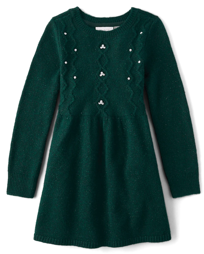 Girls Faux Pearl Cable Knit Sweater Dress