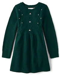 Girls Faux Pearl Cable Knit Sweater Dress