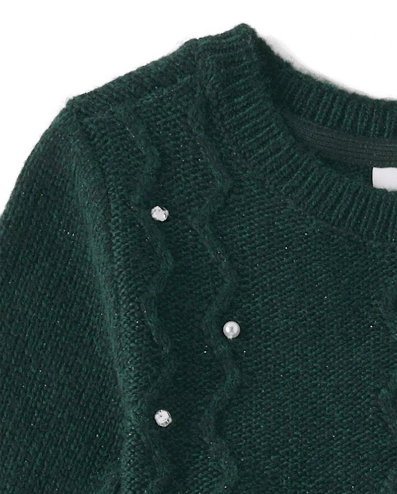 Girls Faux Pearl Cable Knit Sweater Dress
