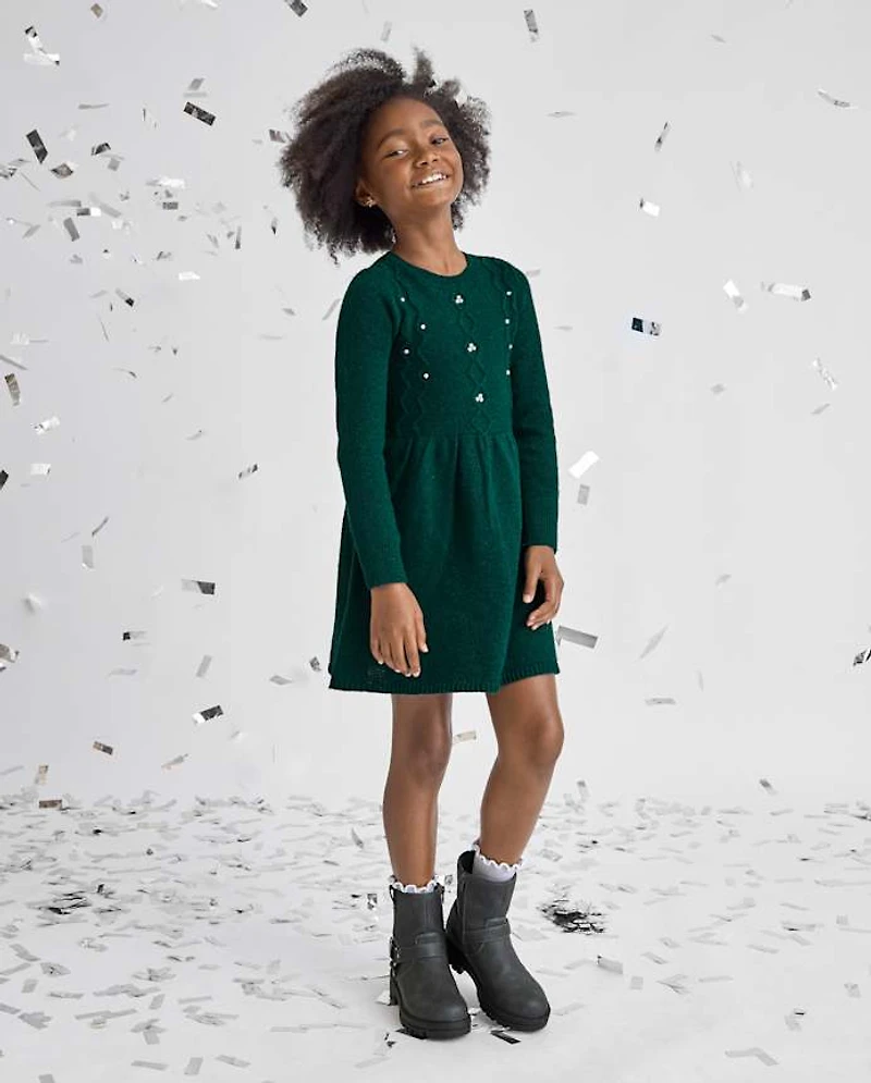 Girls Faux Pearl Cable Knit Sweater Dress