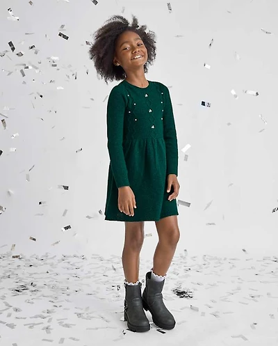 Girls Faux Pearl Cable Knit Sweater Dress