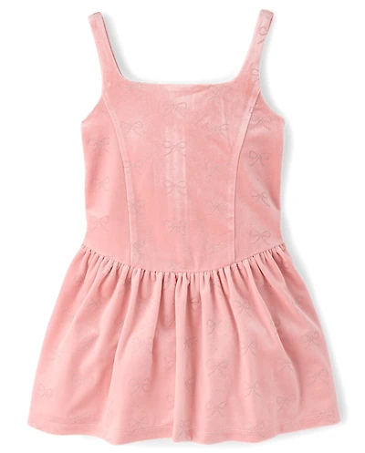 Girls Glitter Bow Velour Fit And Flare Dress