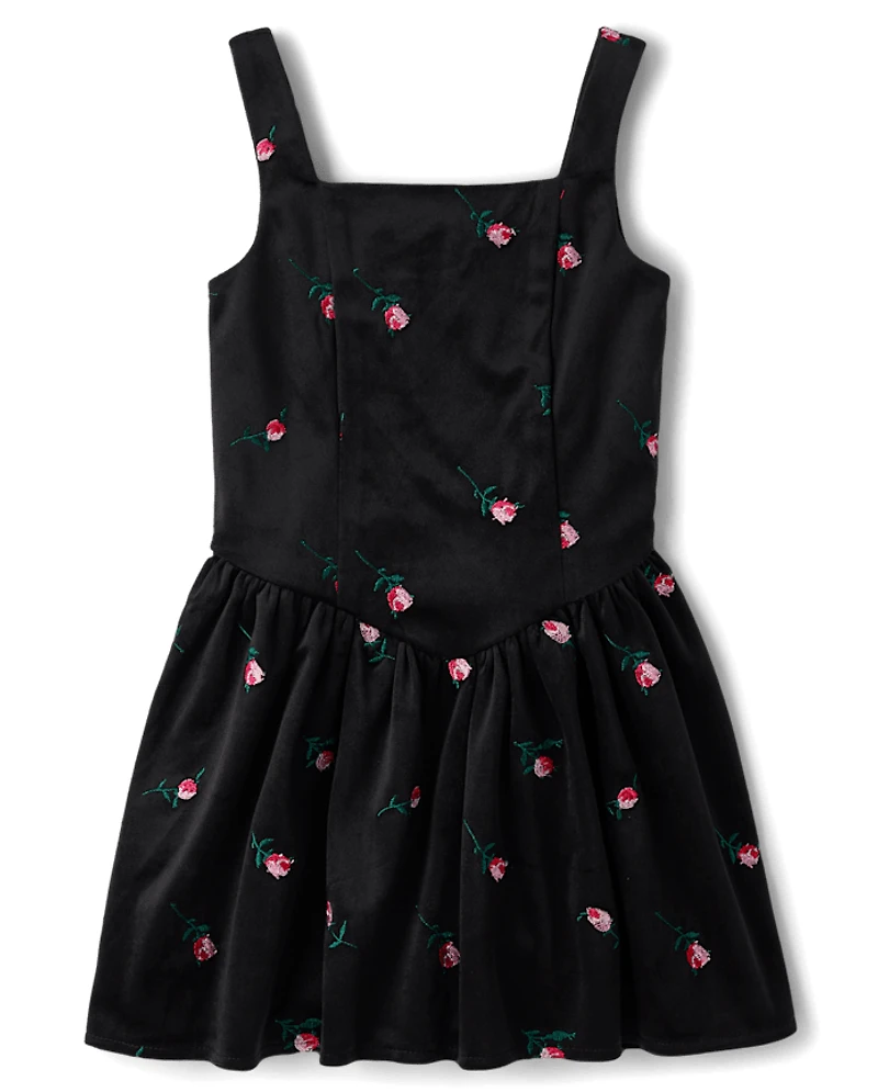 Girls Embroidered Floral Velour V-Waist Dress