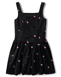 Girls Embroidered Floral Velour V-Waist Dress