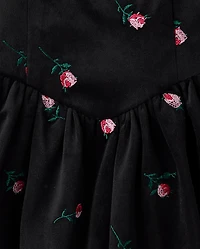 Girls Embroidered Floral Velour V-Waist Dress
