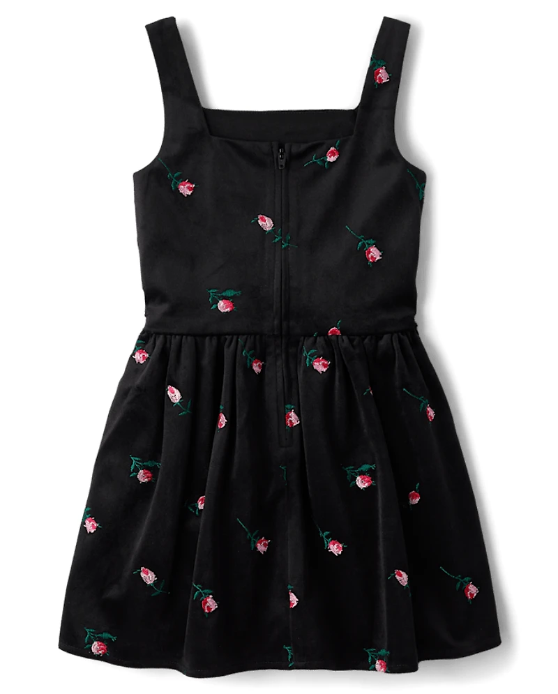 Girls Embroidered Floral Velour V-Waist Dress