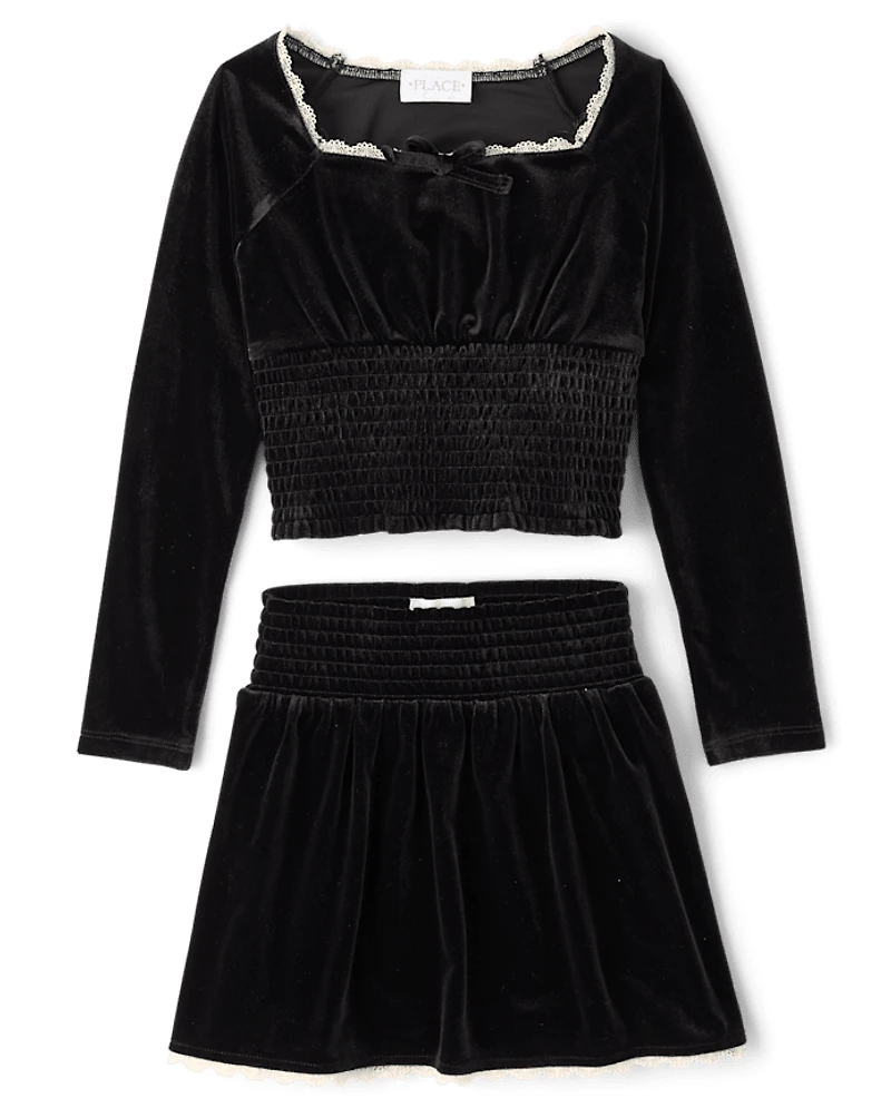 Girls Smocked Velour 2-Piece Outfit Set