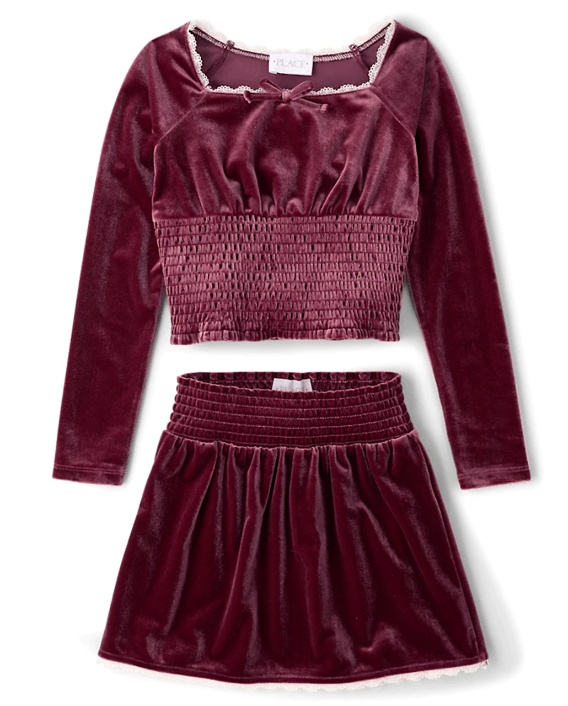 Girls Smocked Velour 2-Piece Outfit Set