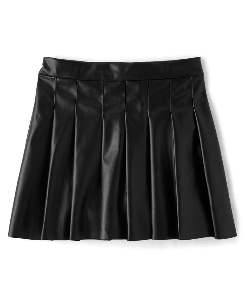 Girls Pleated Faux Leather Skirt