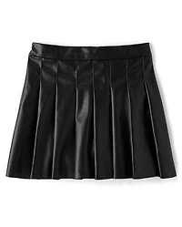 Girls Pleated Faux Leather Skirt