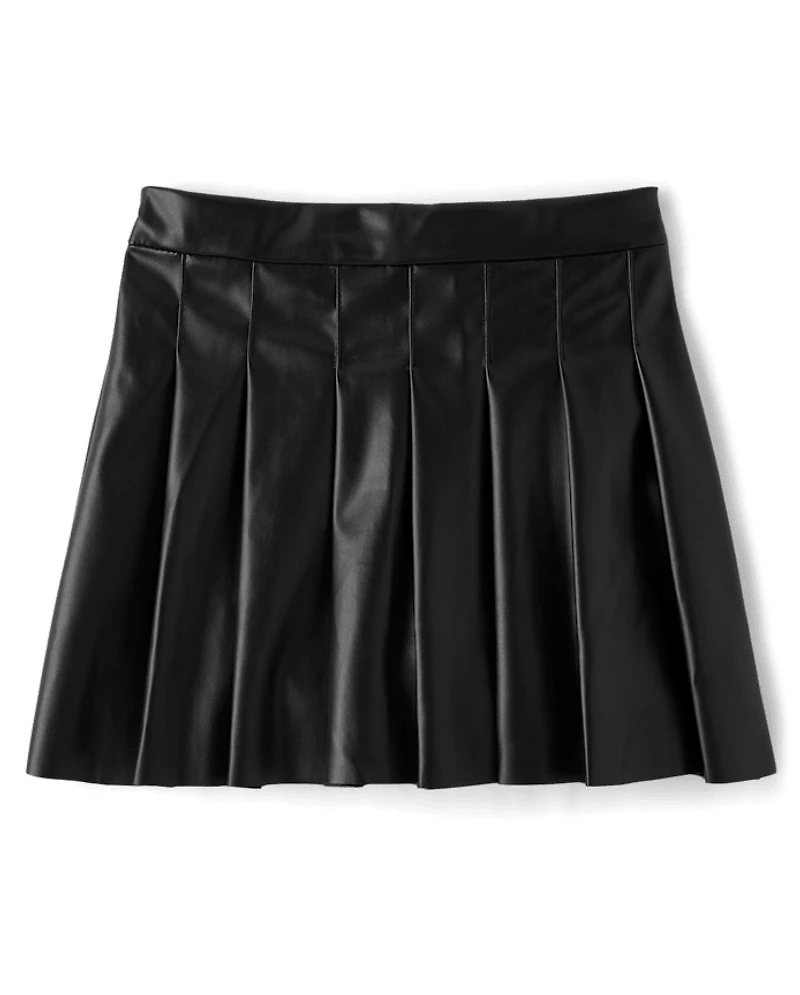 Girls Pleated Faux Leather Skirt