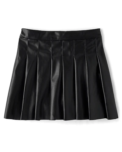 Girls Pleated Faux Leather Skirt