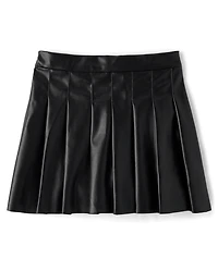 Girls Pleated Faux Leather Skirt