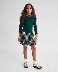 Girls Plaid Ribbed Drop Waist Dress
