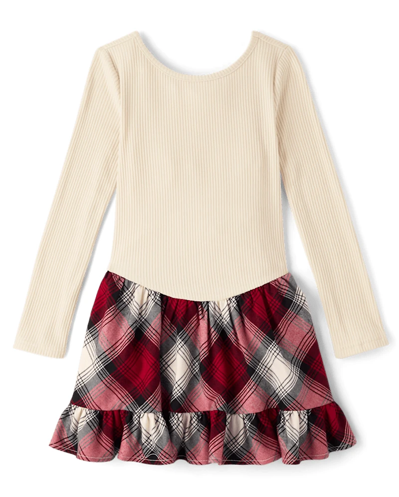 Girls Plaid Ribbed Drop Waist Dress