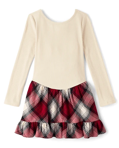 Girls Plaid Ribbed Drop Waist Dress