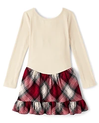 Girls Plaid Ribbed Drop Waist Dress