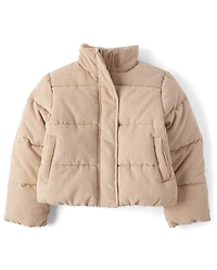 Girls Ribbed Corduroy Midweight Microfleece Lined Puffer Jacket