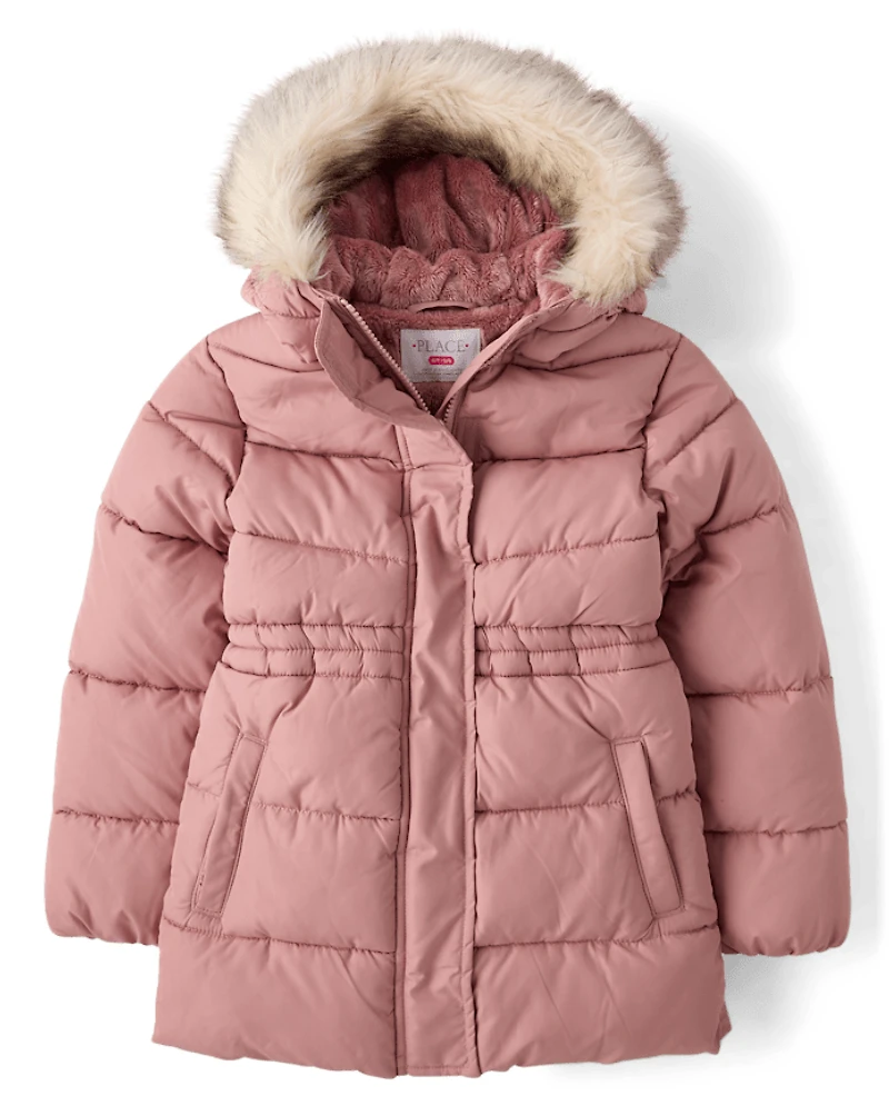 Girls Heavyweight Faux Fur Lined Mid Length Puffer Jacket