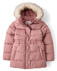 Girls Heavyweight Faux Fur Lined Mid Length Puffer Jacket